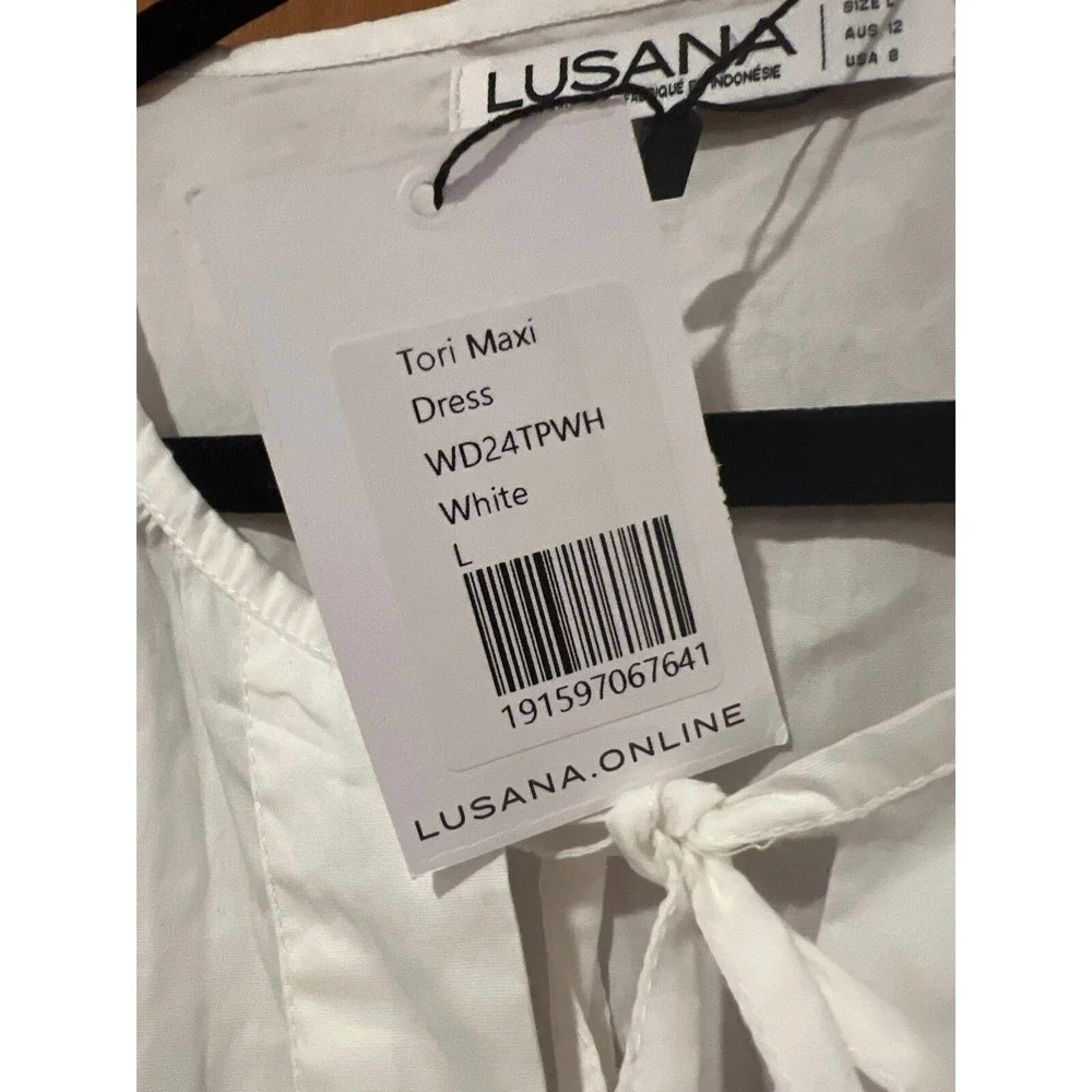 Lusana white cotton Tori maxi dress Large‎ tiered poplin resort vacation - Picture 8 of 9